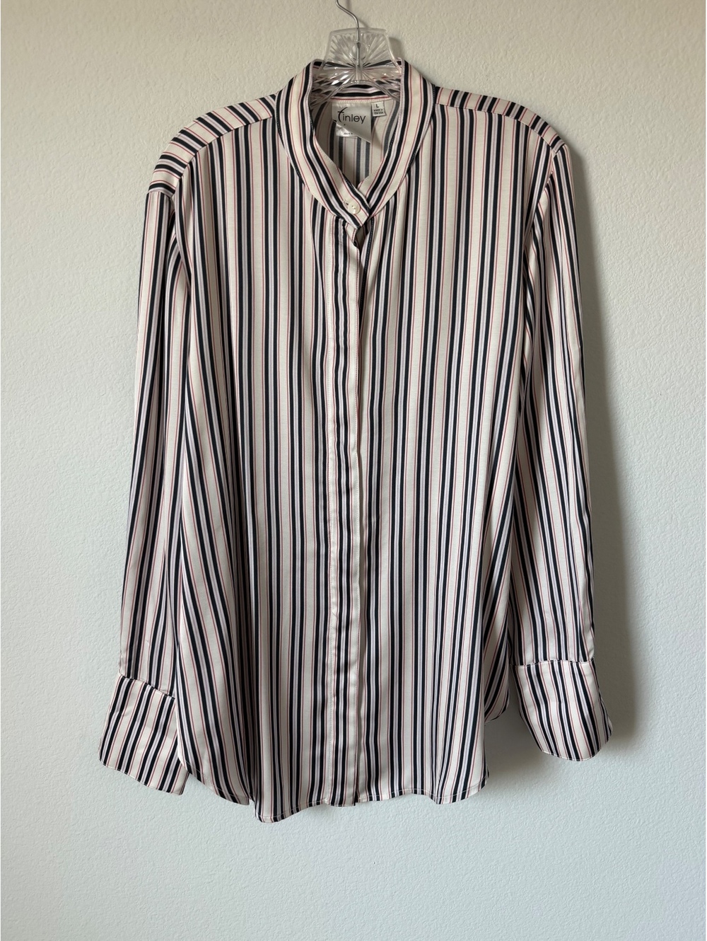 Finley NWT Long Sleeve Button Up Multicolor Striped Cream Satin Shirt Size L